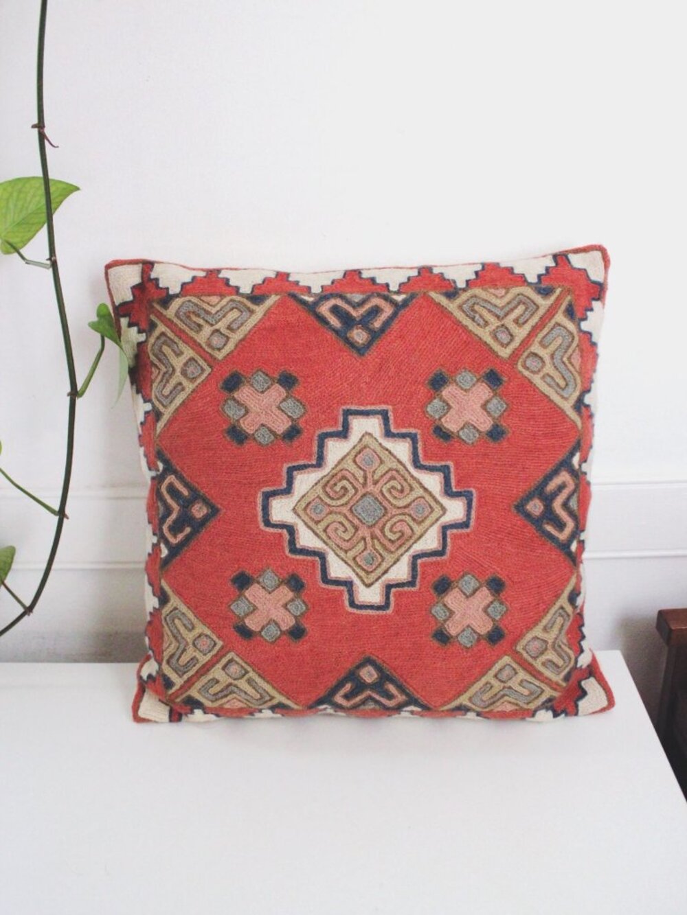 Vintage Kilim Embroidered Throw Pillow Cover Red Geometric 14" Square Woven